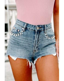 High Rise Distressed Pearl Detailed Shorts (Medium/Light)