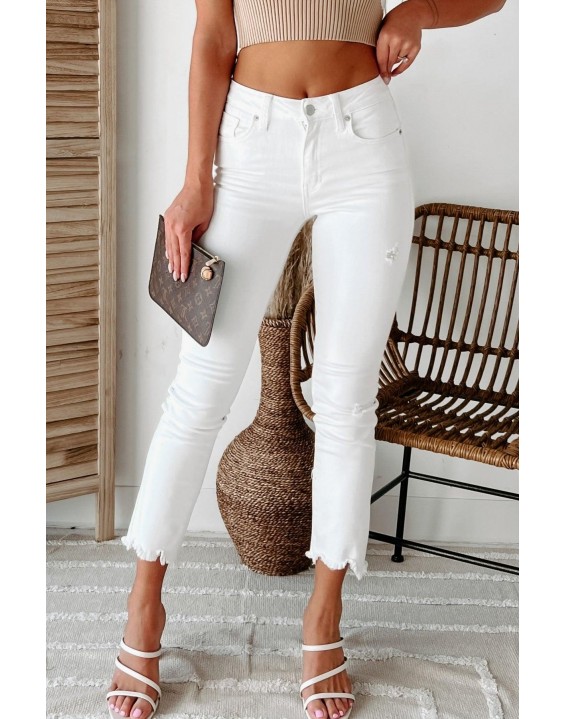 High Rise Uneven Hem Straight Leg Jeans (White)