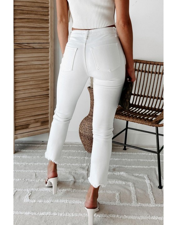 High Rise Uneven Hem Straight Leg Jeans (White)