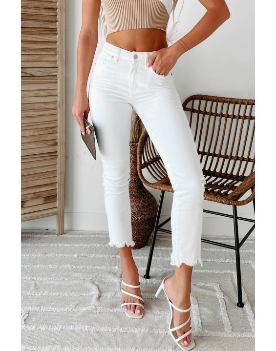 High Rise Uneven Hem Straight Leg Jeans (White)