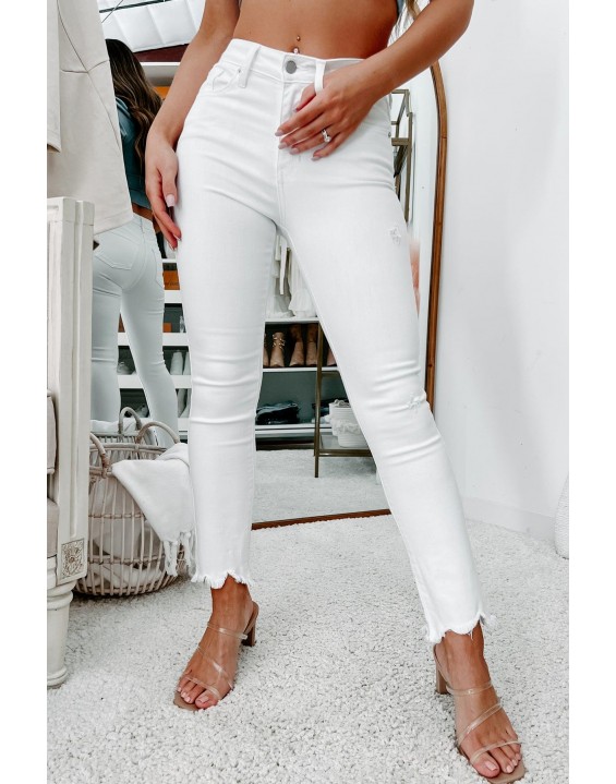 High Rise Uneven Hem Straight Leg Jeans (White)