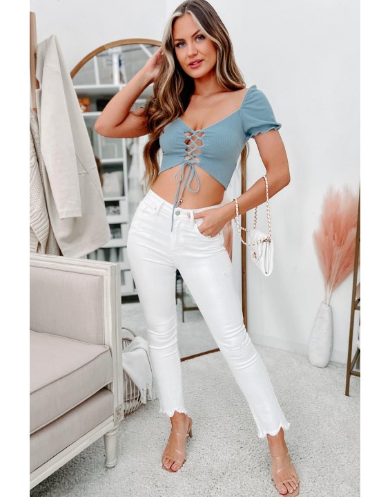 High Rise Uneven Hem Straight Leg Jeans (White)