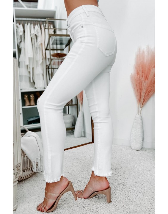 High Rise Uneven Hem Straight Leg Jeans (White)