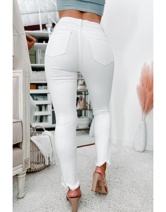 High Rise Uneven Hem Straight Leg Jeans (White)