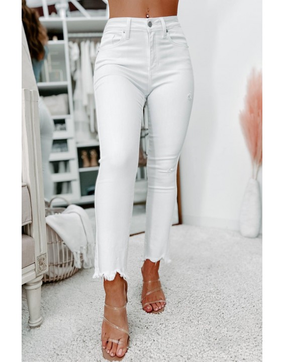 High Rise Uneven Hem Straight Leg Jeans (White)