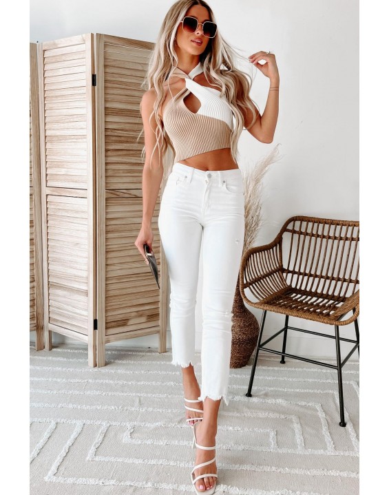 High Rise Uneven Hem Straight Leg Jeans (White)