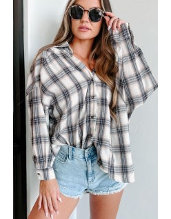 & Lows Oversized Plaid Button-Down Top (Navy/Taupe)