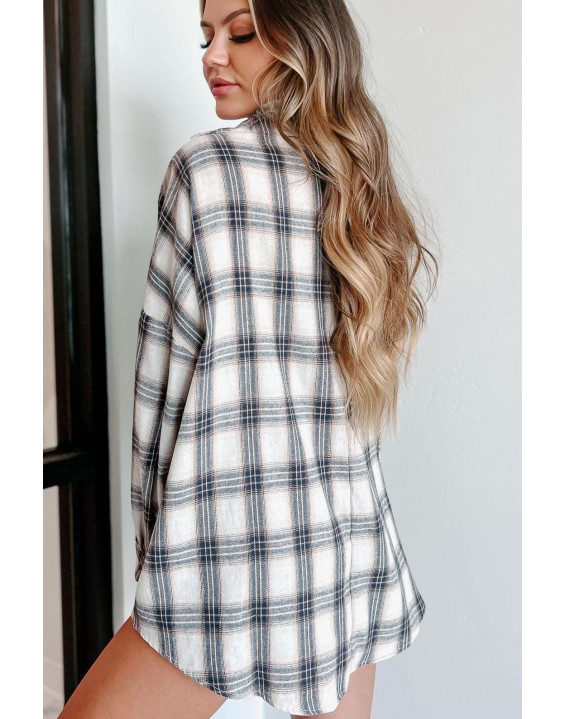 & Lows Oversized Plaid Button-Down Top (Navy/Taupe)
