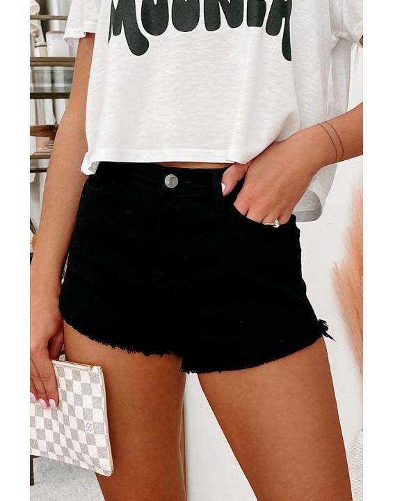 At A Time High Rise Non-Distressed Frayed Hem Shorts (Black)