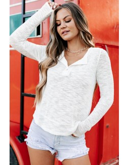 My Heart Long Sleeve Knit Henley Top ( White)