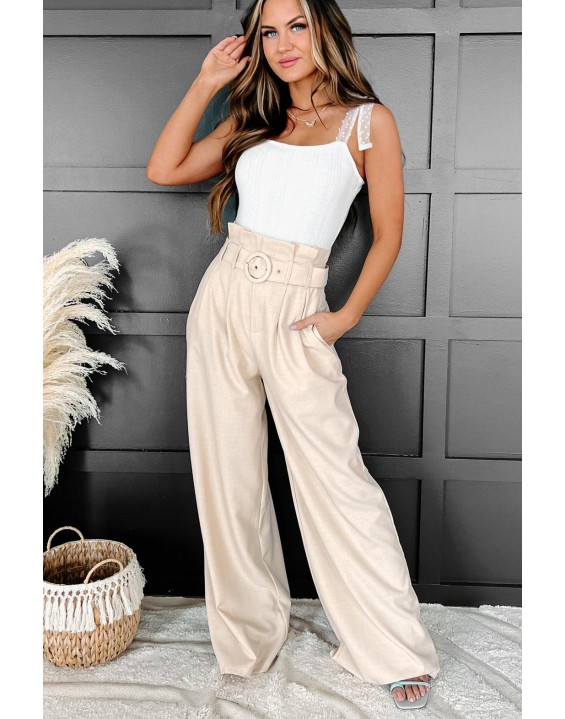 Belted Paperbag Waist Wide Leg Pant (Beige)