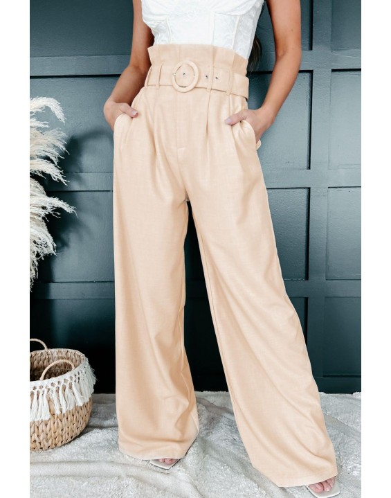 Belted Paperbag Waist Wide Leg Pant (Beige)