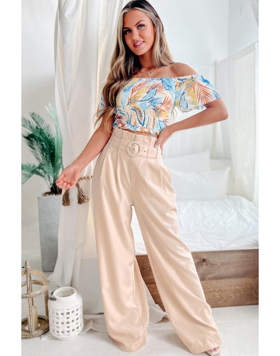 Belted Paperbag Waist Wide Leg Pant (Beige)