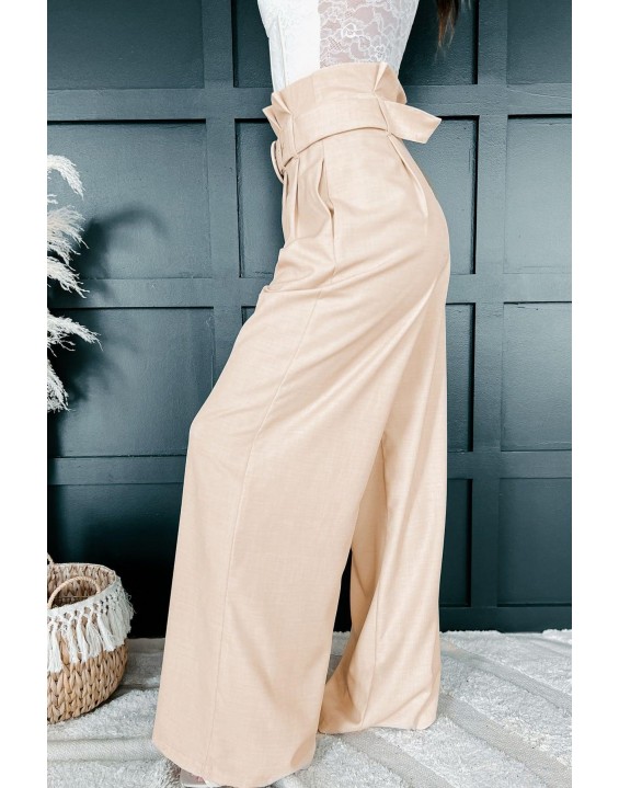 Belted Paperbag Waist Wide Leg Pant (Beige)