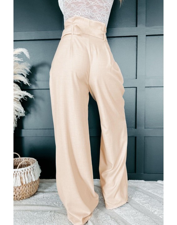 Belted Paperbag Waist Wide Leg Pant (Beige)