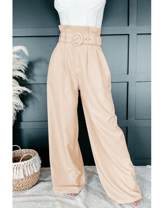 Belted Paperbag Waist Wide Leg Pant (Beige)