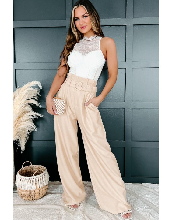 Belted Paperbag Waist Wide Leg Pant (Beige)