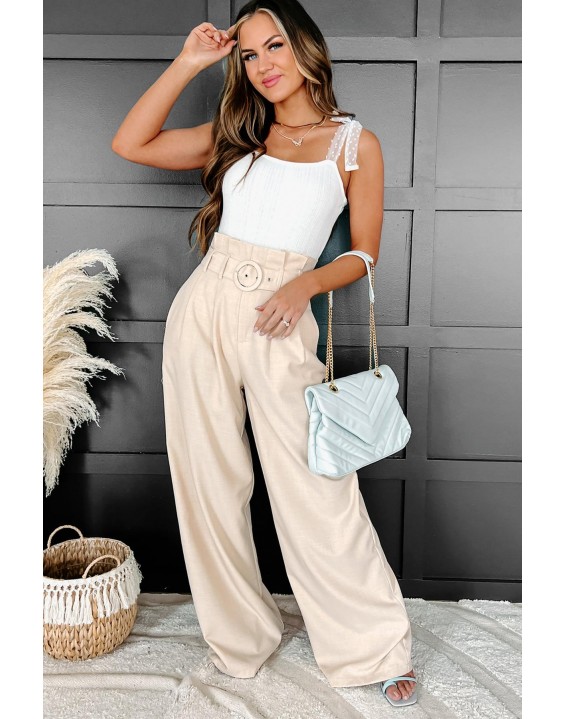 Belted Paperbag Waist Wide Leg Pant (Beige)