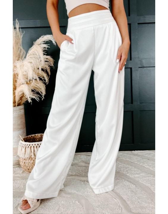 High Rise Satin Wide Leg Pants ( White)