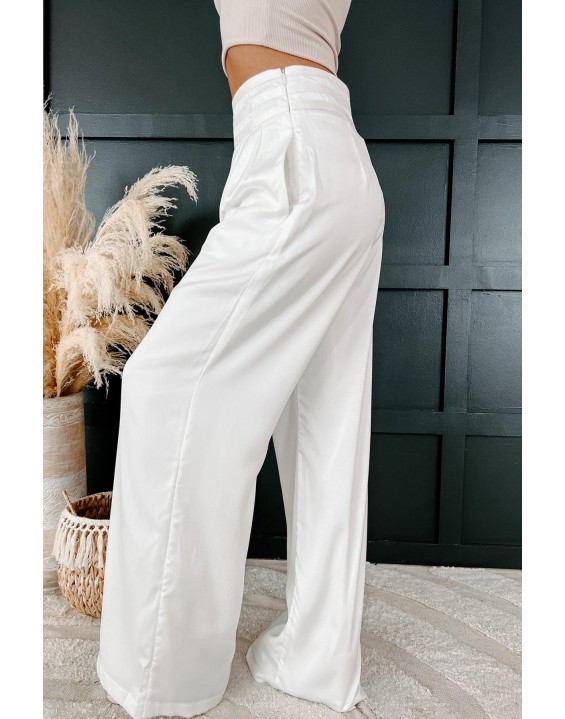 High Rise Satin Wide Leg Pants ( White)