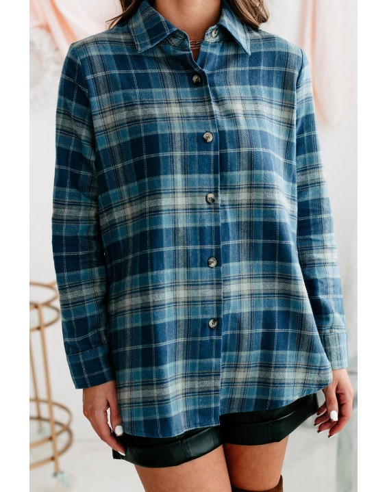 Autumn Plaid Button Front Flannel Top (Blue)