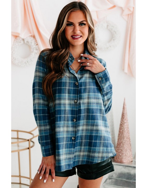 Autumn Plaid Button Front Flannel Top (Blue)