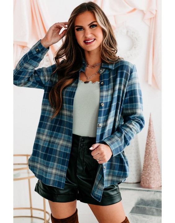 Autumn Plaid Button Front Flannel Top (Blue)