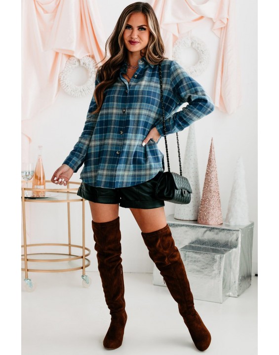 Autumn Plaid Button Front Flannel Top (Blue)